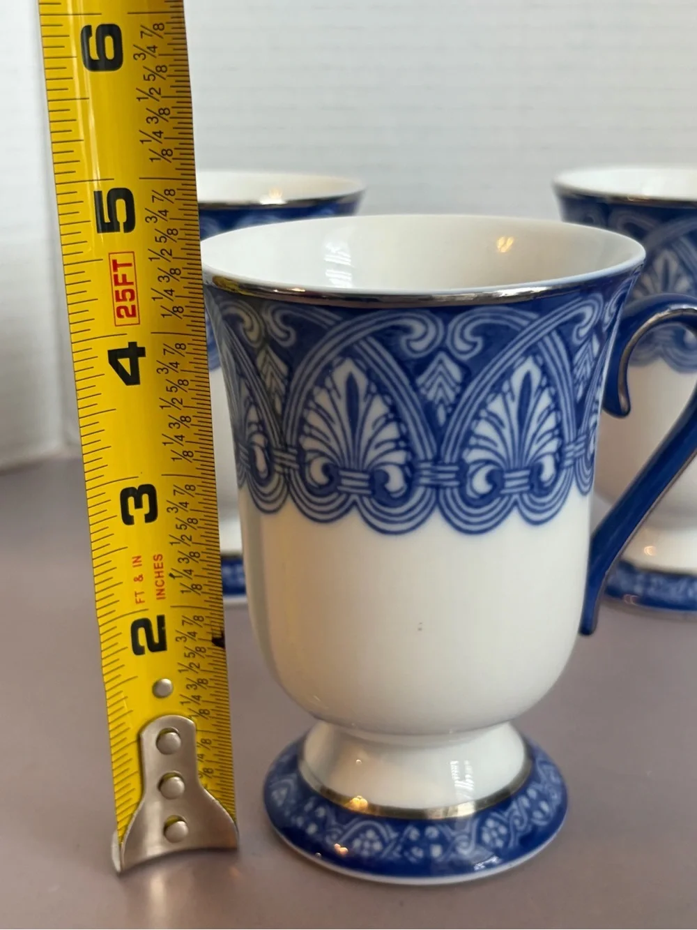 Bombay Porcelain Pedestal Mugs — Classic Decorative Band (Set of 3)